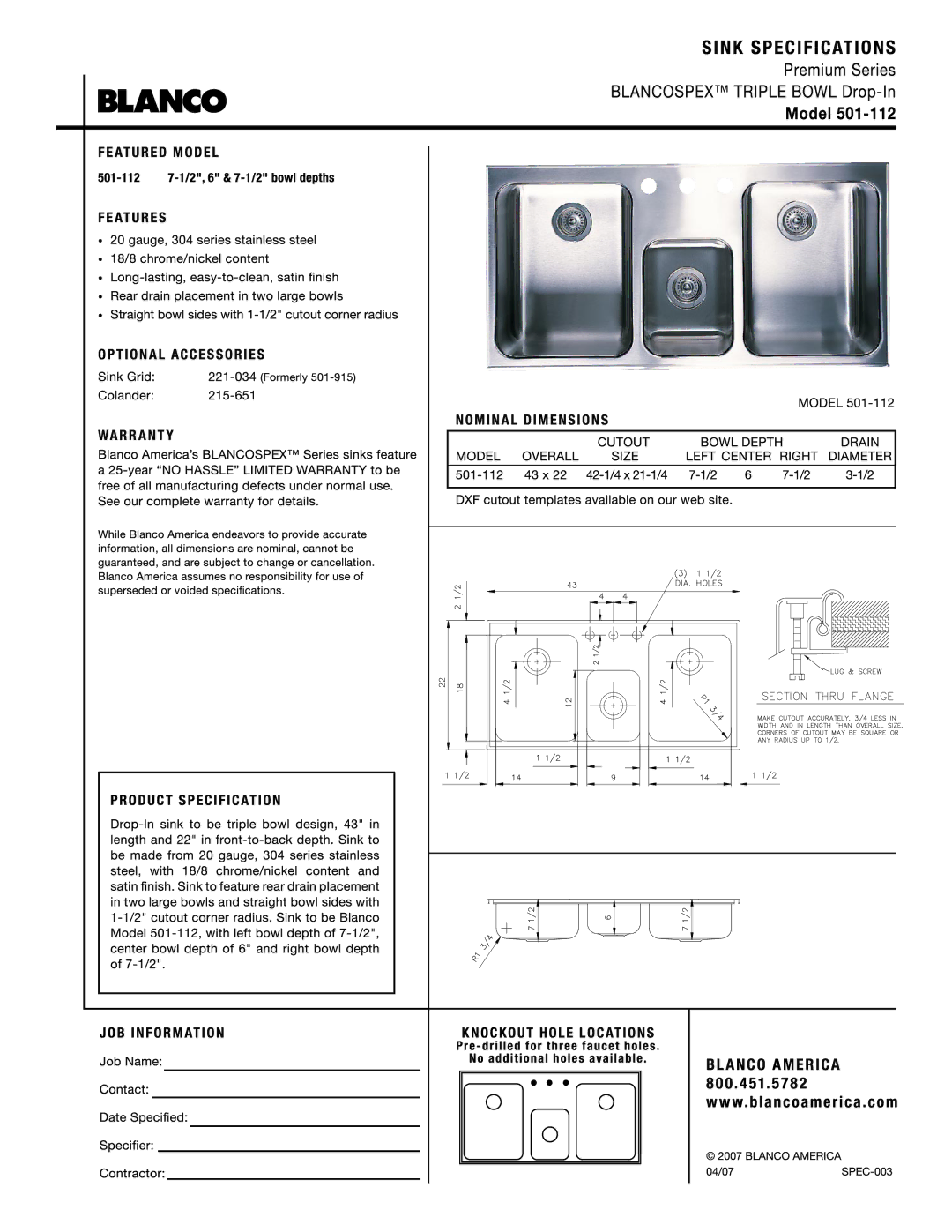 Blanco 501-112 manual 