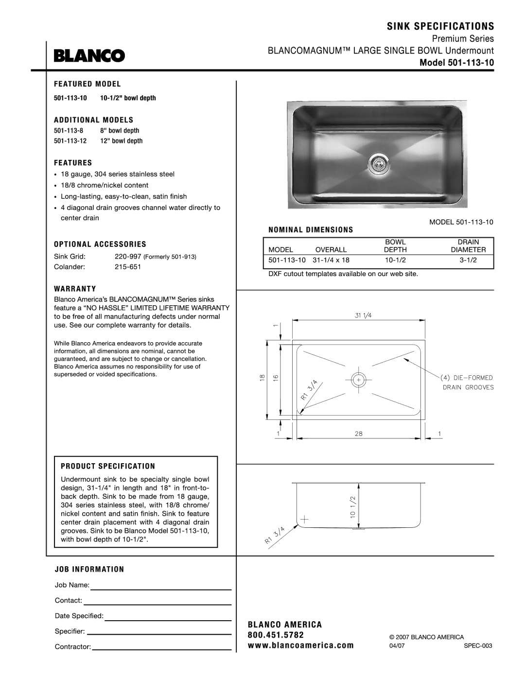 Blanco 501-113-10 manual 