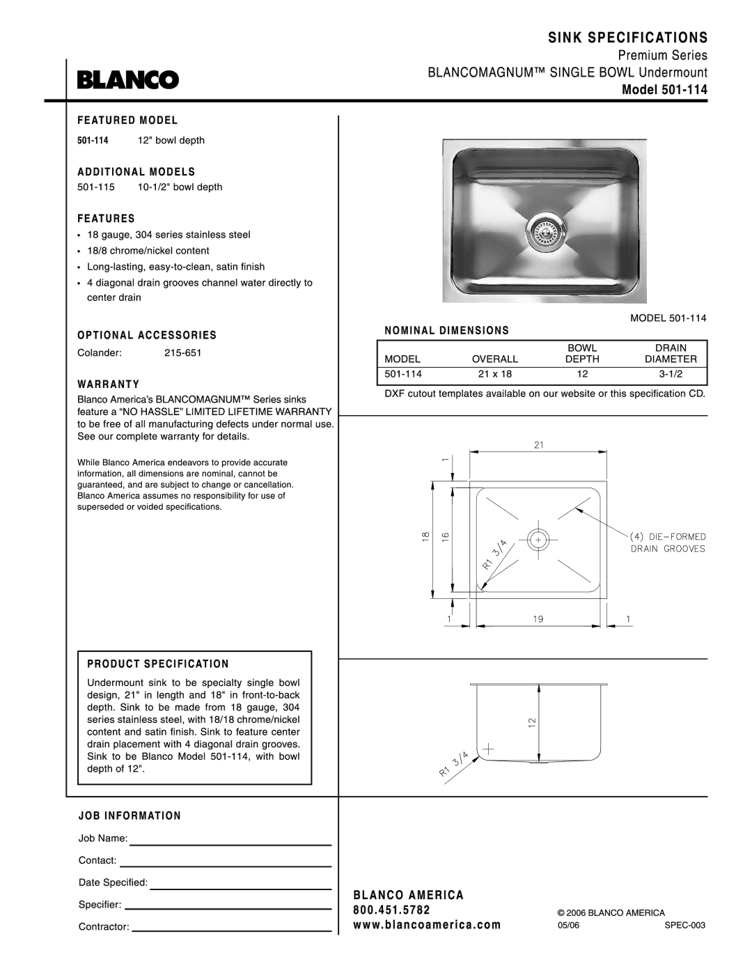 Blanco 501-114 manual 