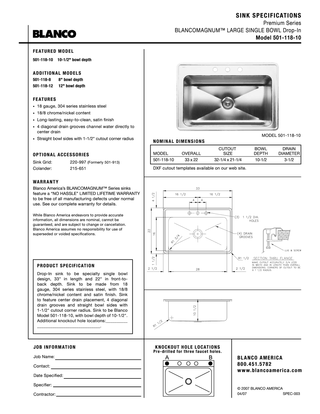 Blanco 501-118-10 manual 