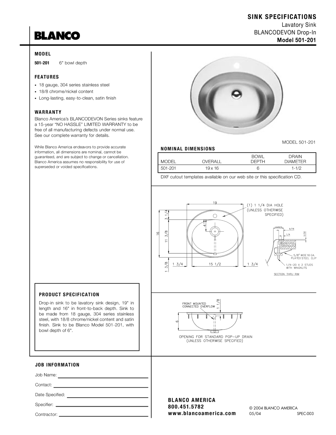 Blanco 501-201 warranty Sink Specifications, Model 