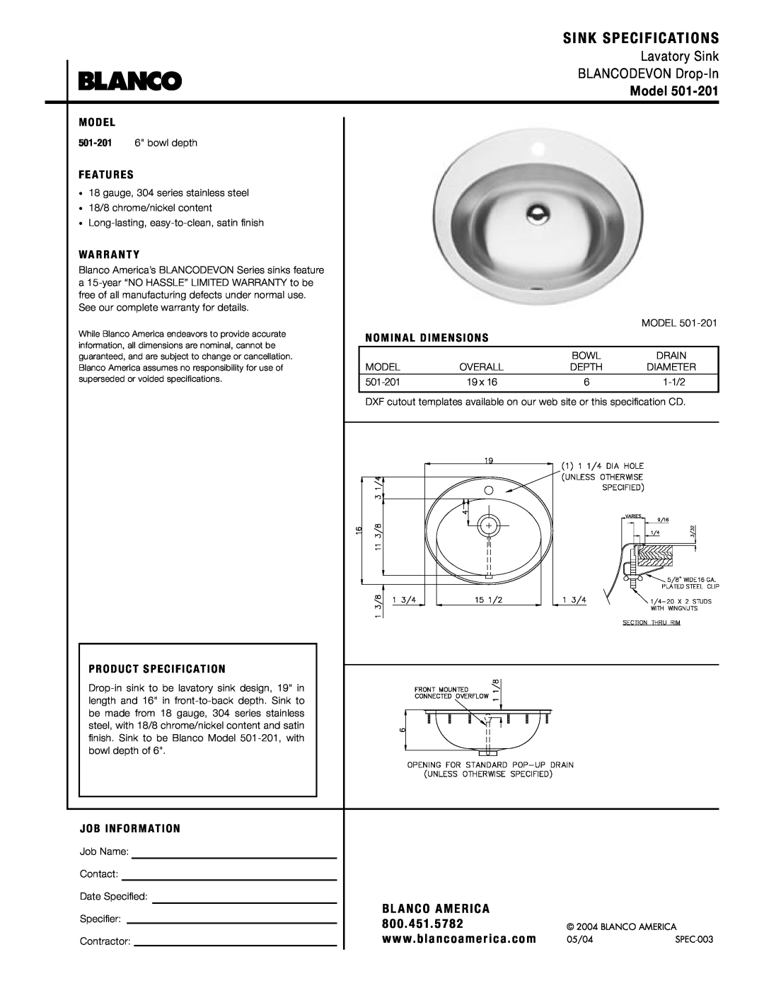 Blanco 501-201 warranty Sink Specifications, Lavatory Sink BLANCODEVON Drop-In, Model, Bl Anco America, M O D E L 