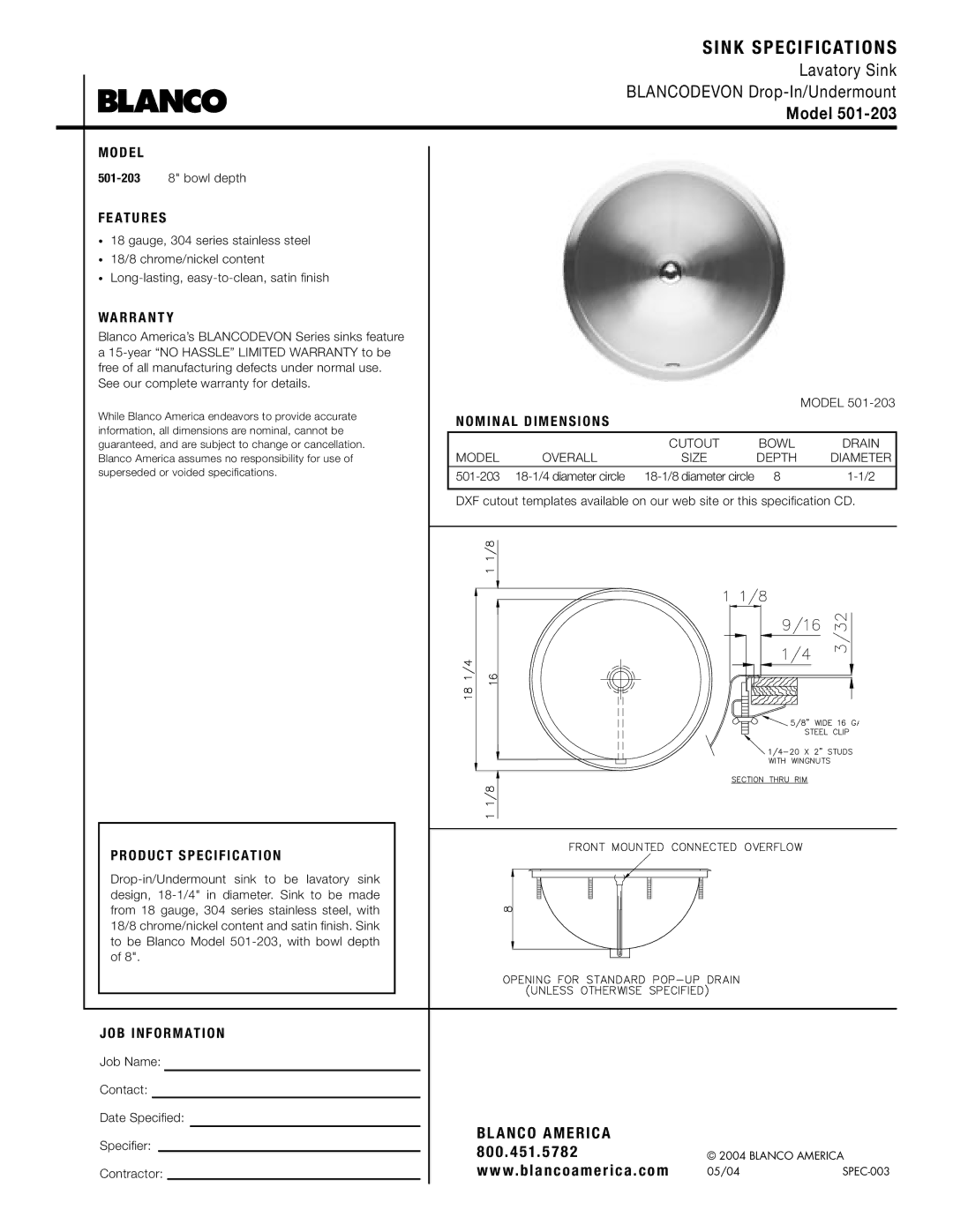 Blanco 501-203 warranty Sink Specifications, Model 