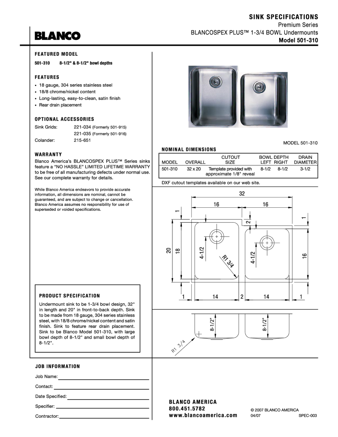 Blanco 501-310 manual 