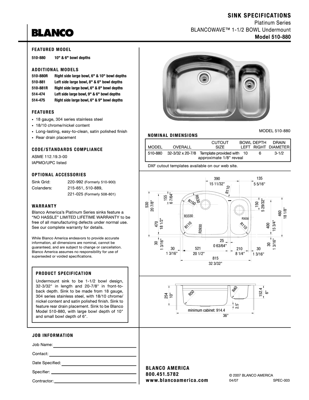 Blanco 510-880 manual 