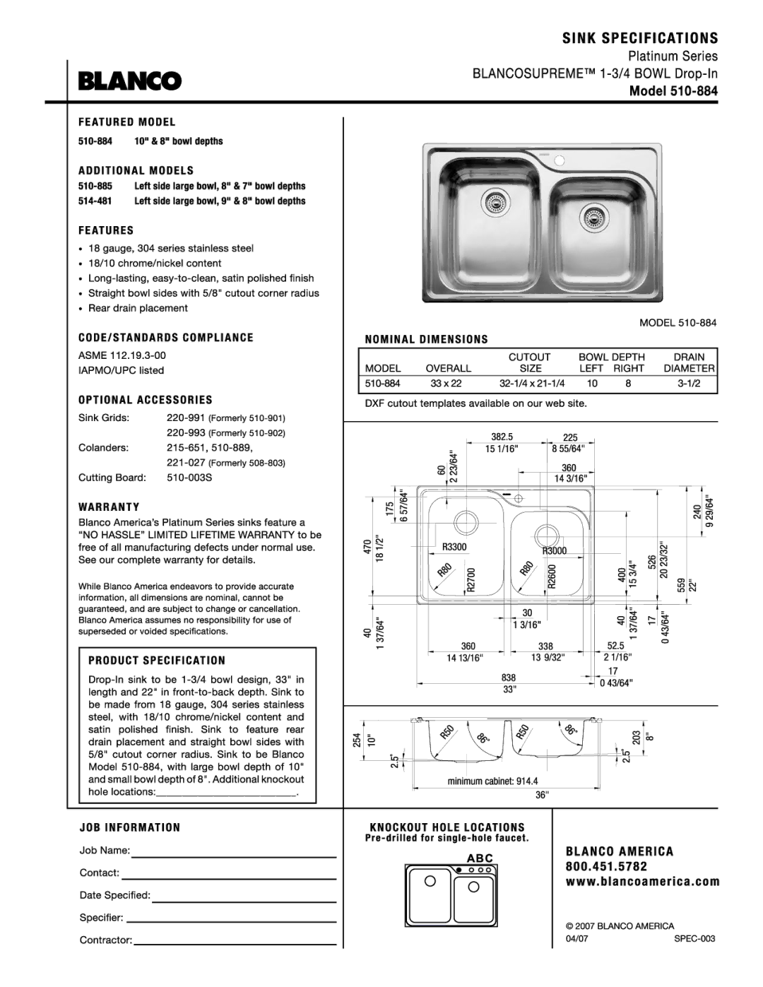 Blanco 510-884 manual 