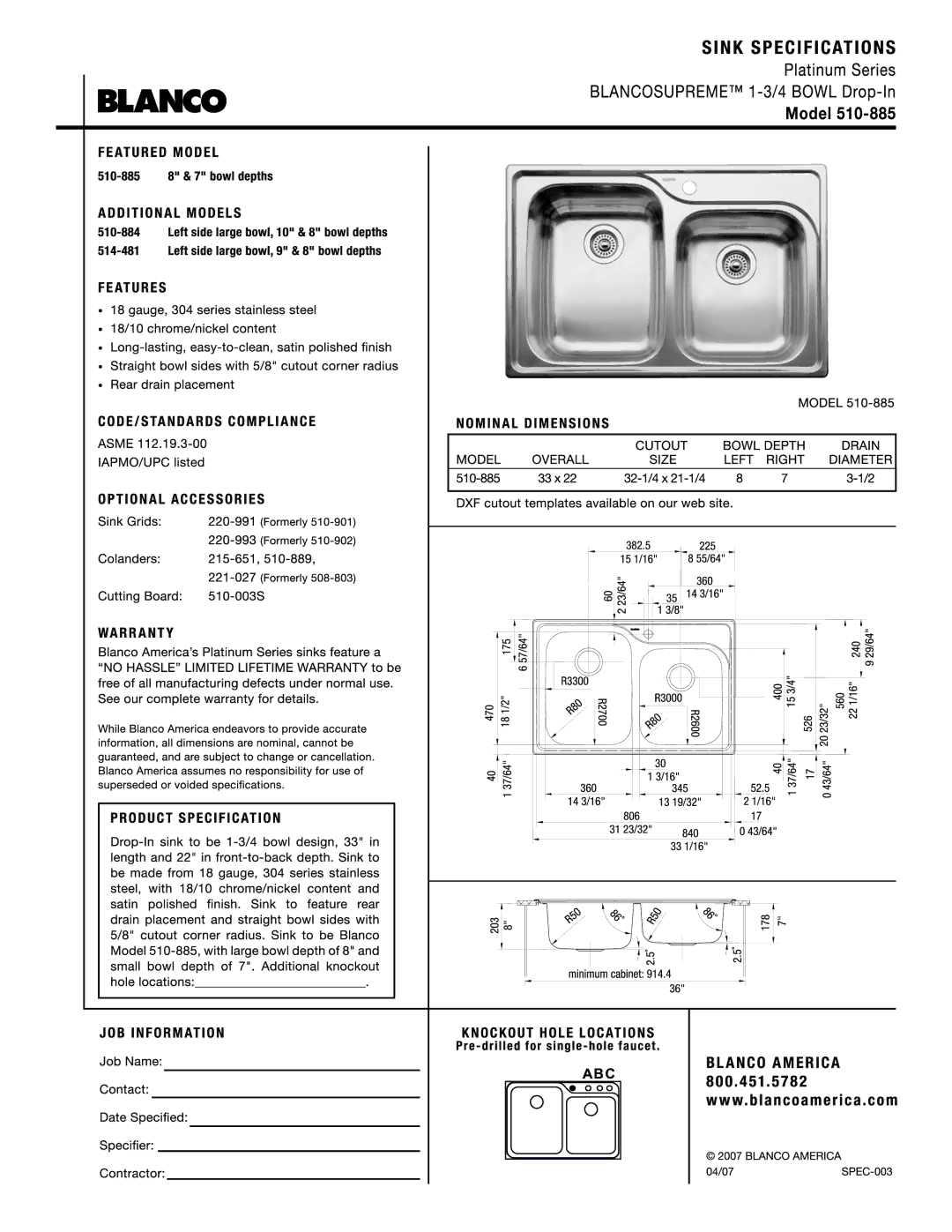 Blanco 510-885 manual 