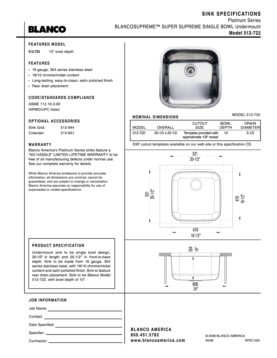 Blanco 512-722 manual 