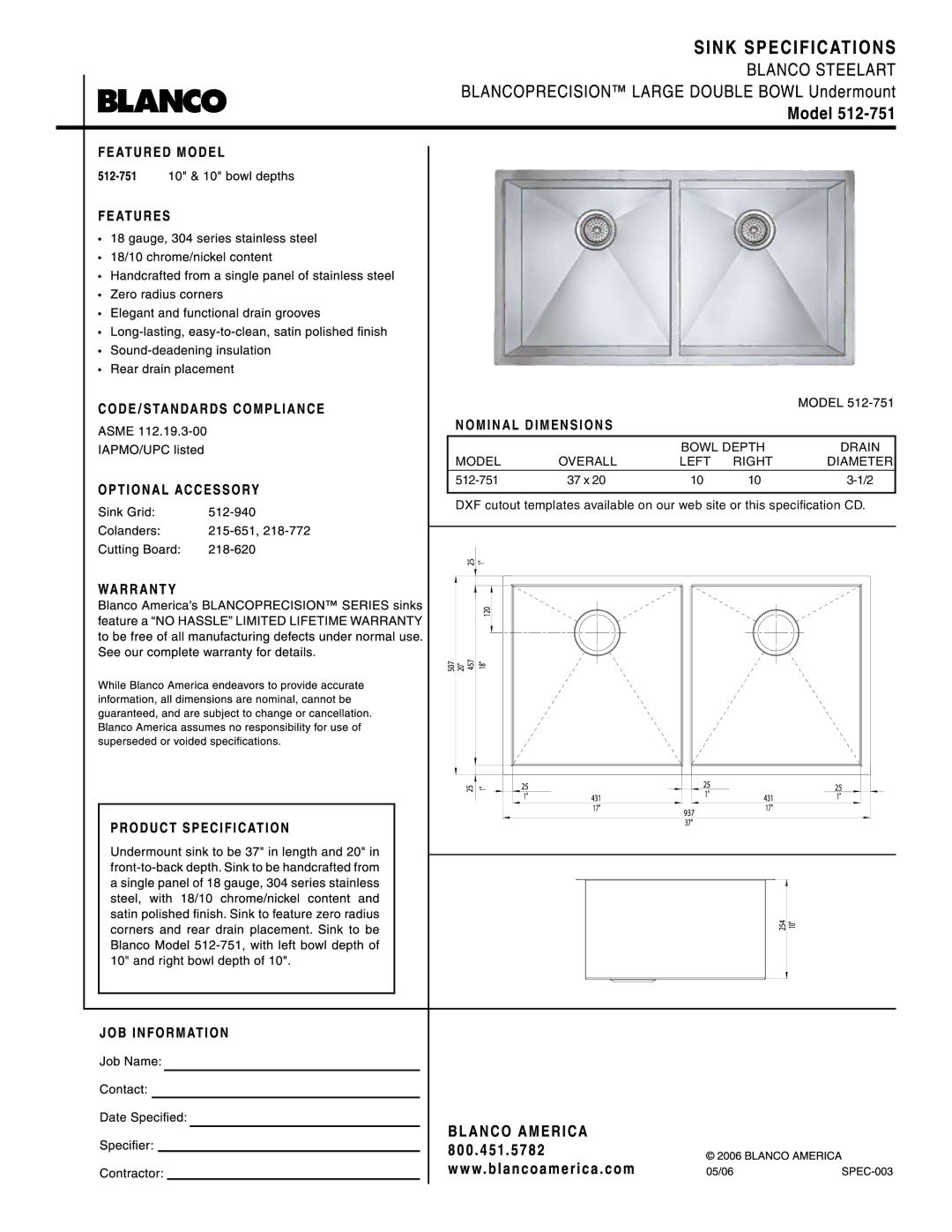 Blanco 512-751 dimensions Nominal Dimensions 