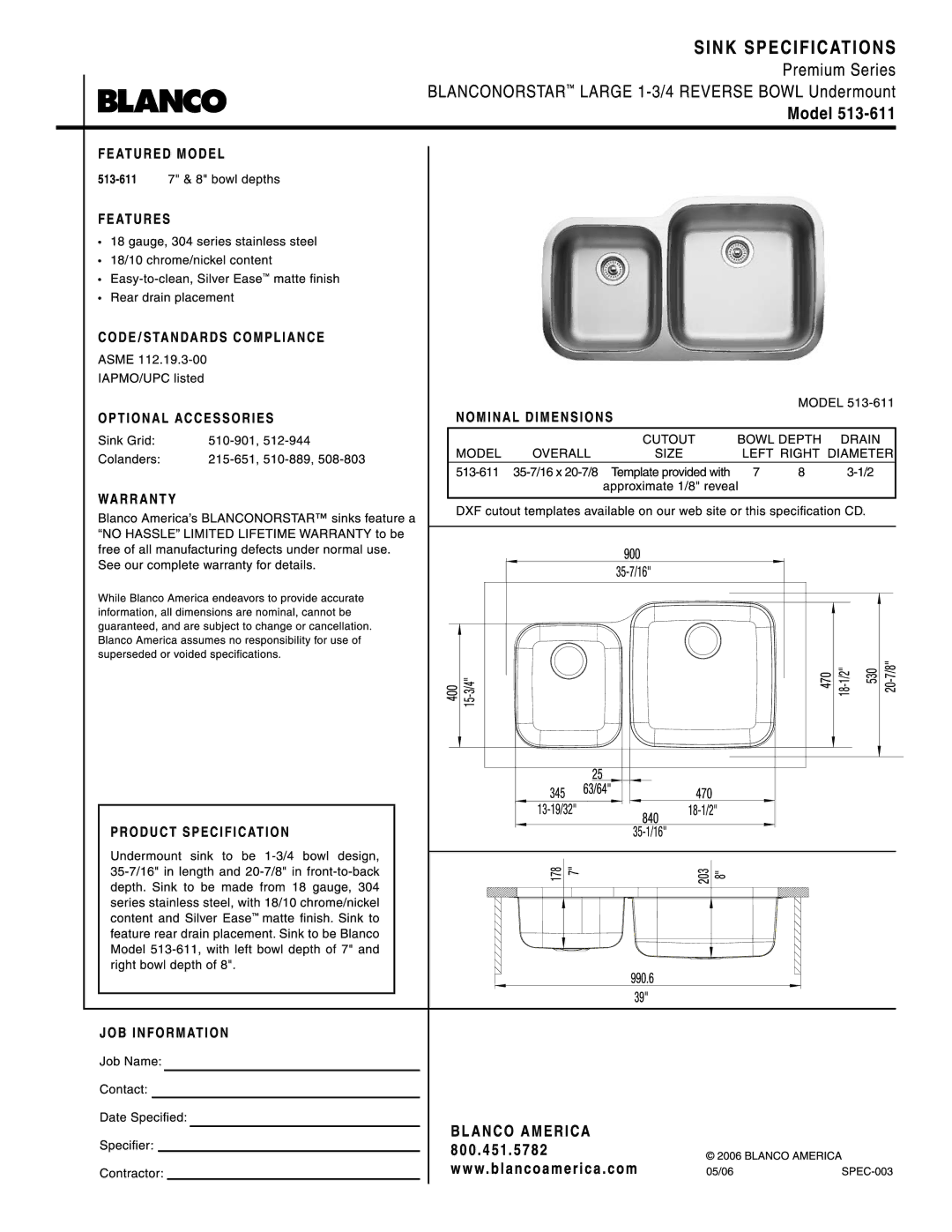 Blanco 513-611 manual 