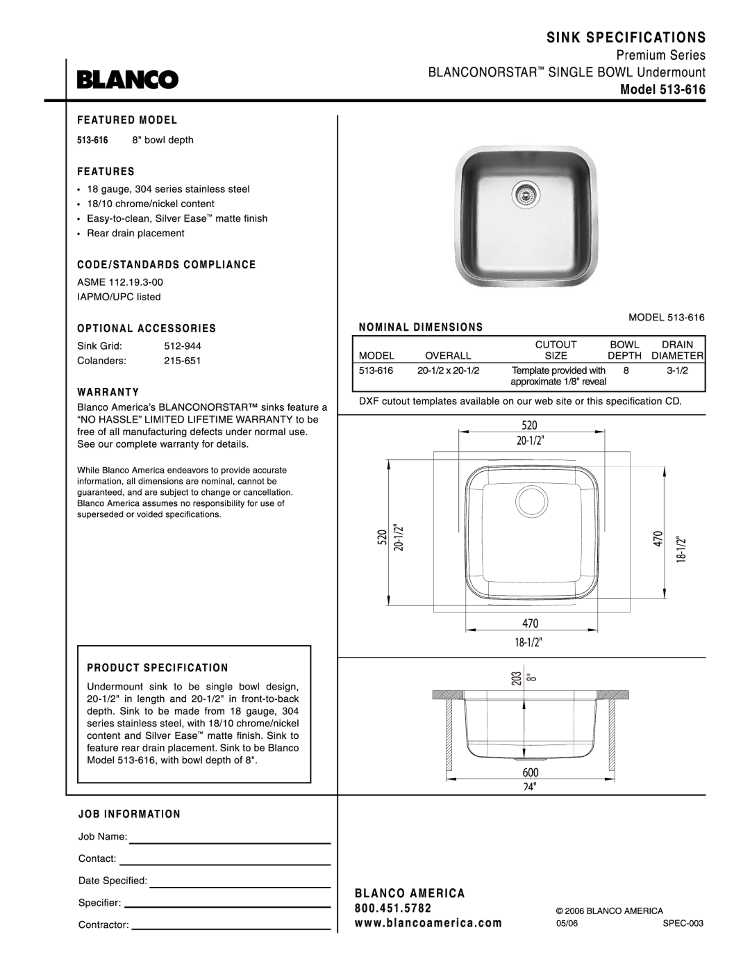 Blanco 513-616 manual 
