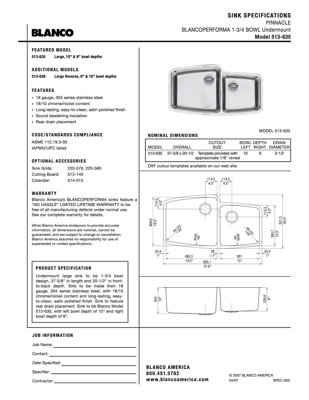 Blanco 513-635 manual 114.3 469.9 18.5 