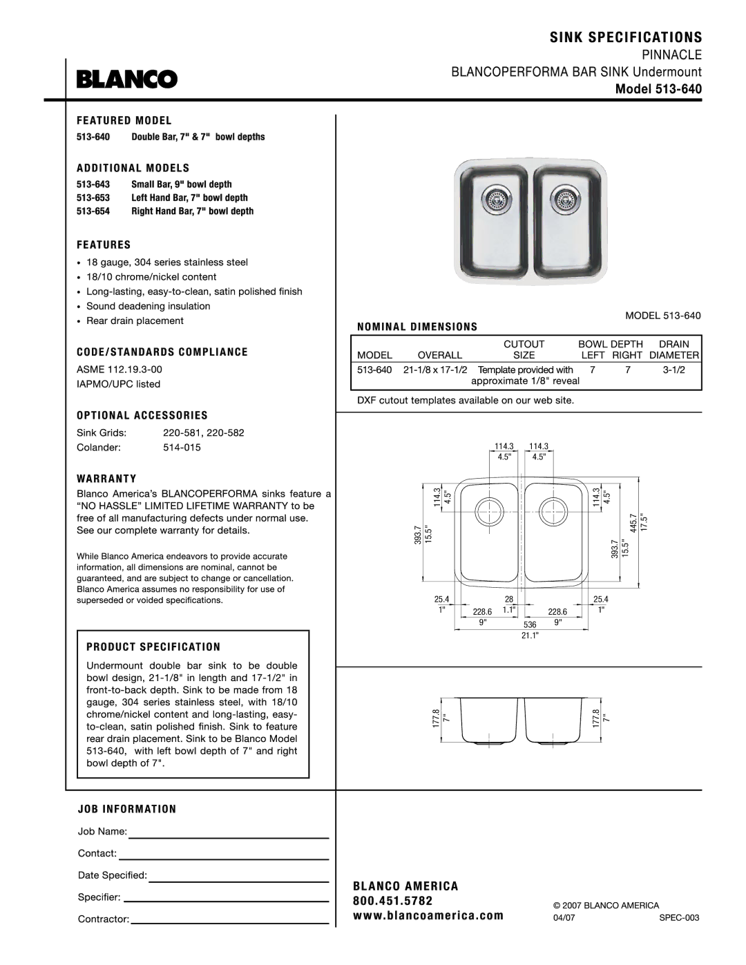 Blanco 513-640 manual 114.3 393.7 15.5 445.7 17.5 25.4 228.6 