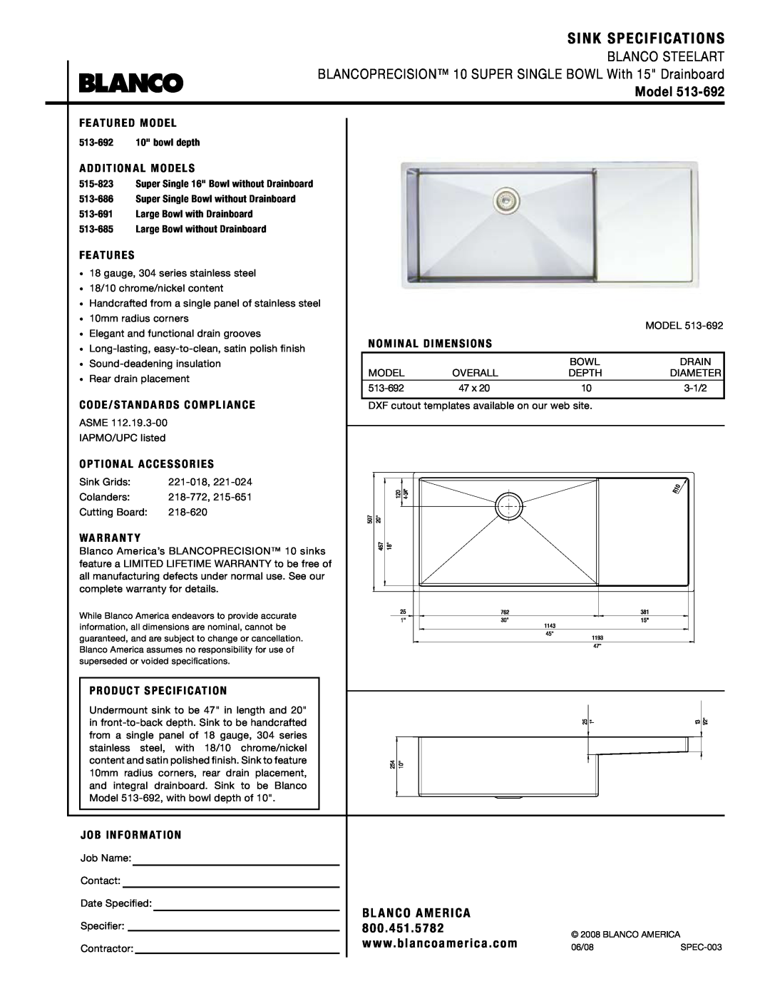 Blanco 513-692 warranty Sink Specifications, Blanco Steelart, Model, Bl Anco America 