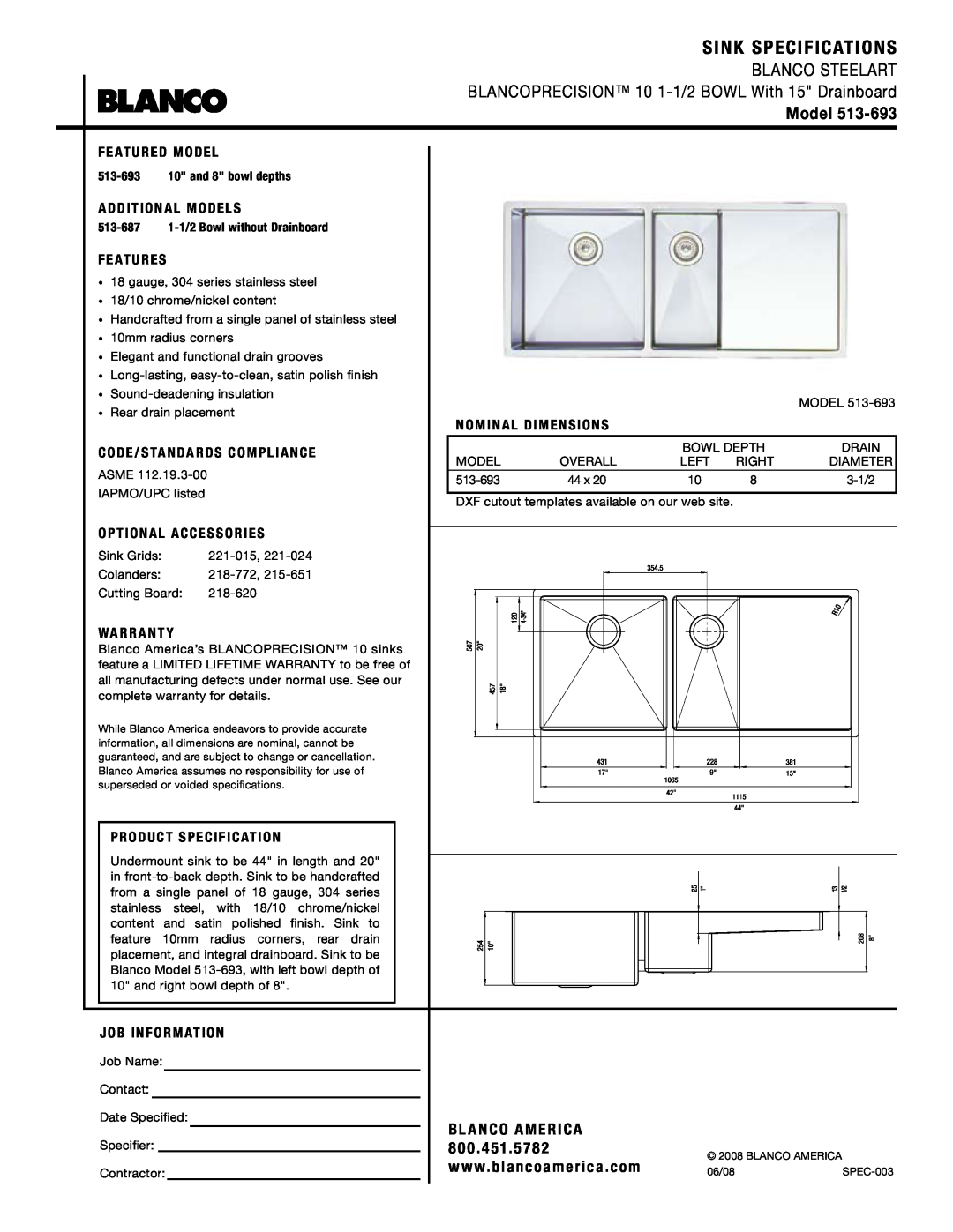 Blanco 513-693 warranty Sink Specifications, Blanco Steelart, BLANCOPRECISION 10 1-1/2BOWL With 15 Drainboard, Model 