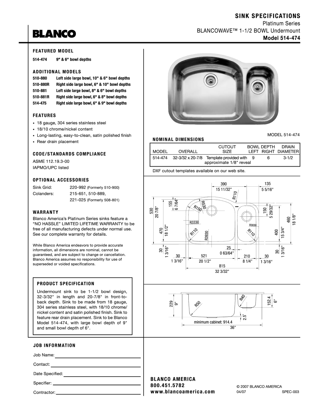 Blanco 514-474 manual 