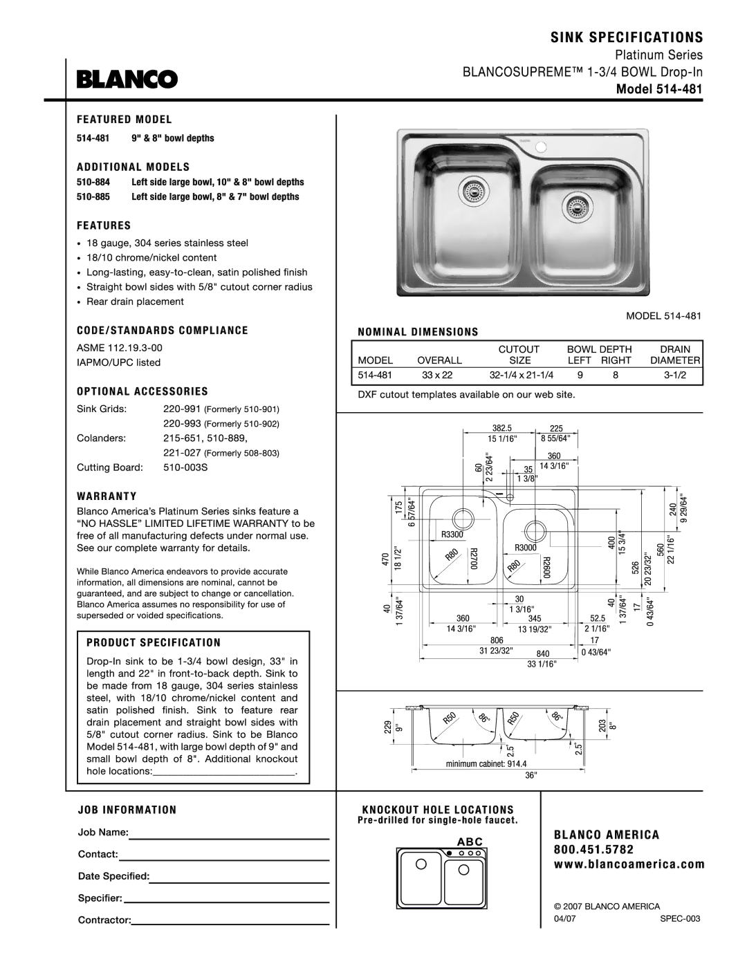 Blanco 514-481 manual 