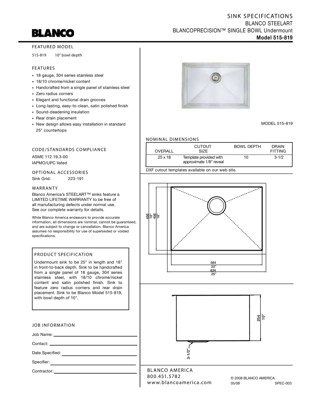 Blanco 515-819 warranty Sink Specifications, Model 