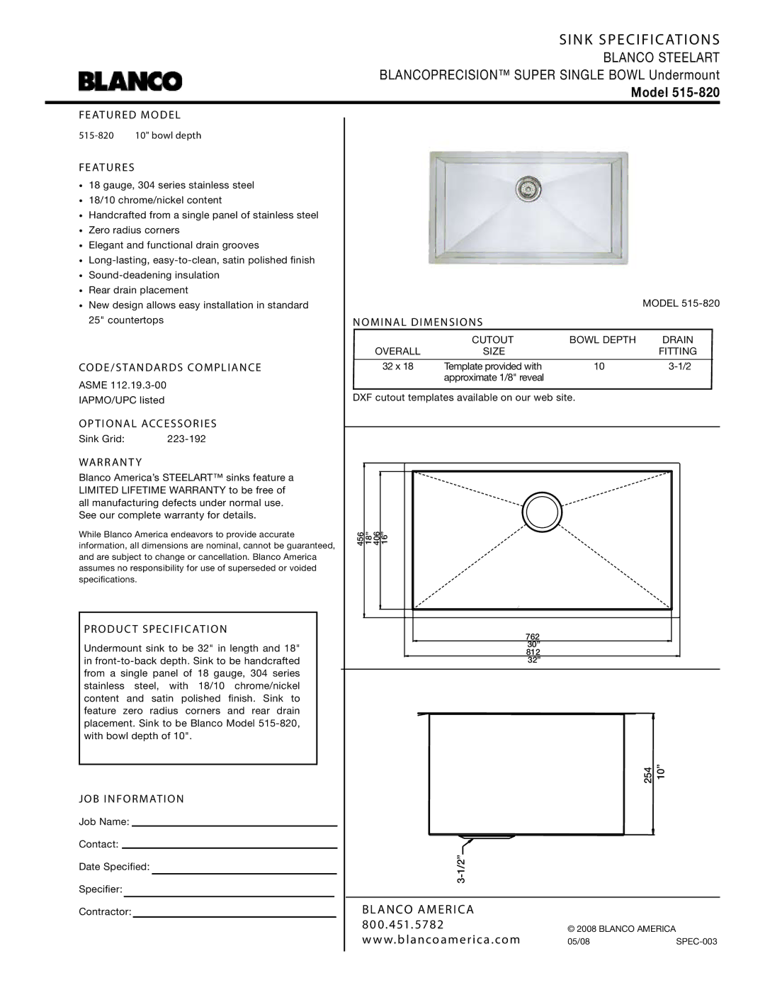 Blanco 515-820 warranty Sink Specifications, Model 