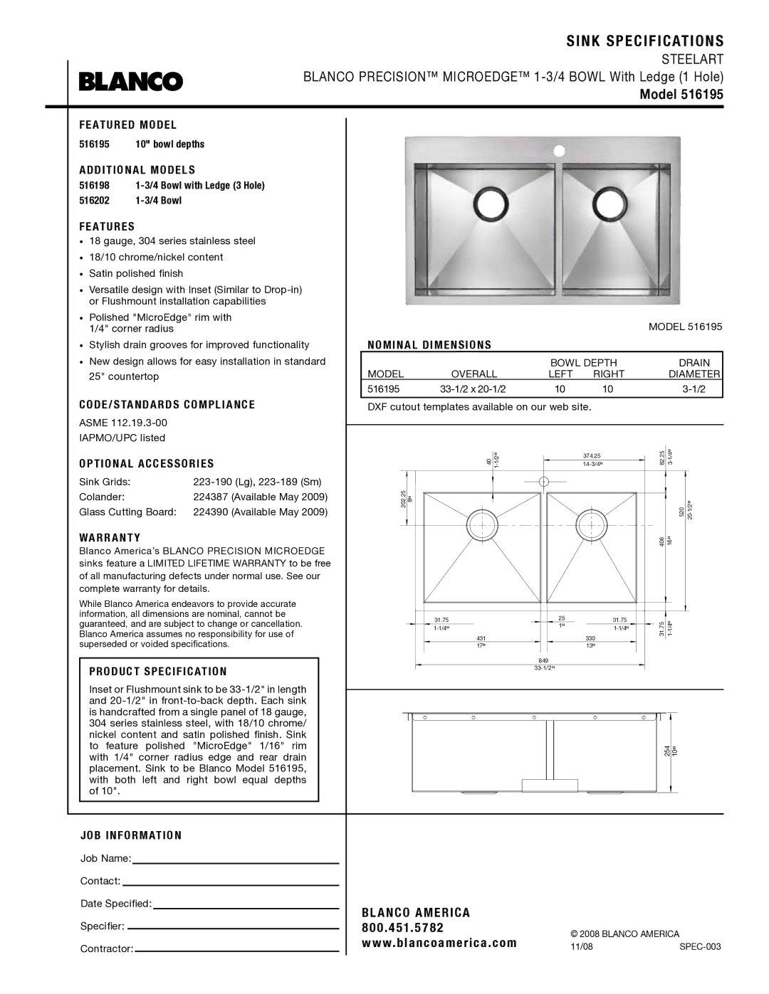 Blanco 516195 warranty Sink Specifications, Model 