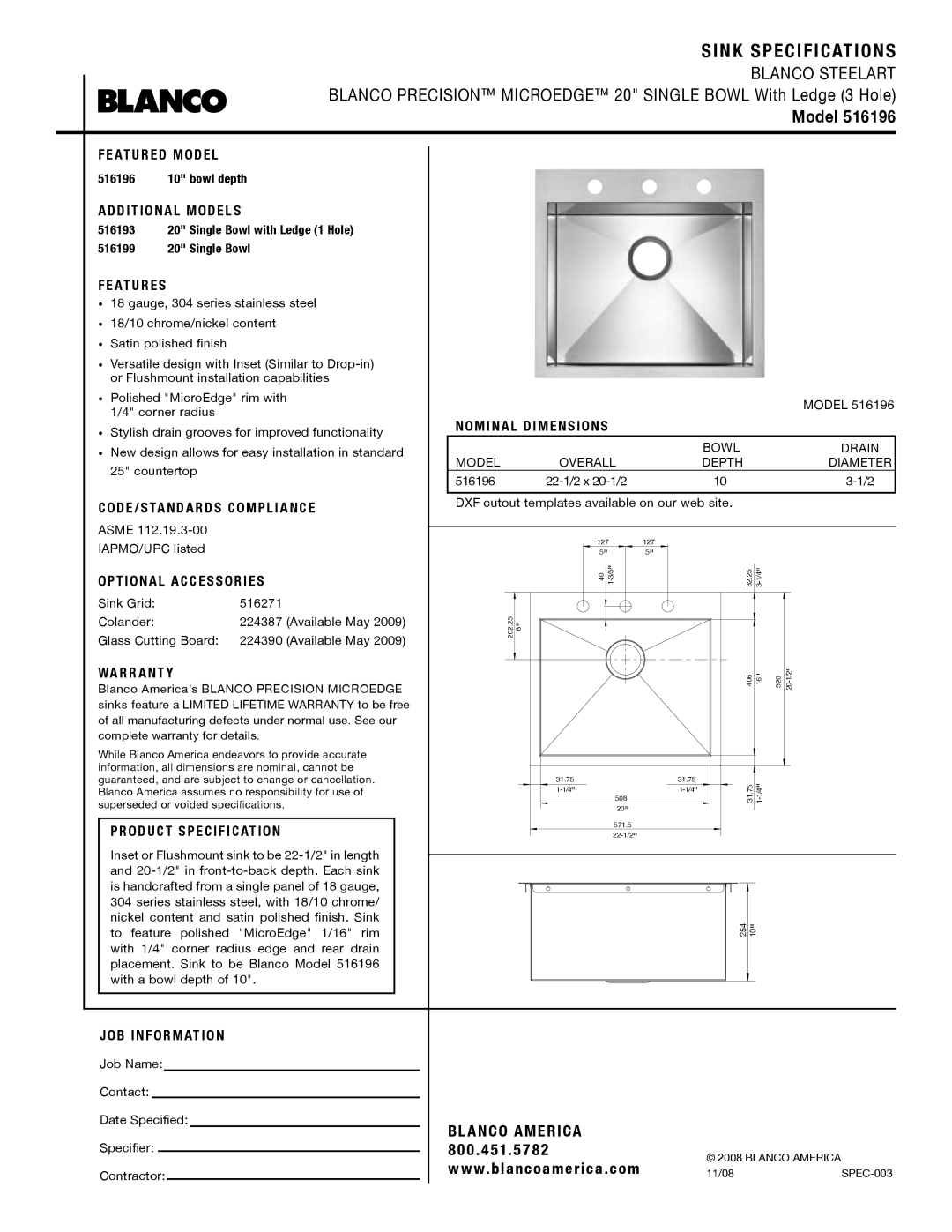Blanco 516196 warranty Sink Specifications, Model 