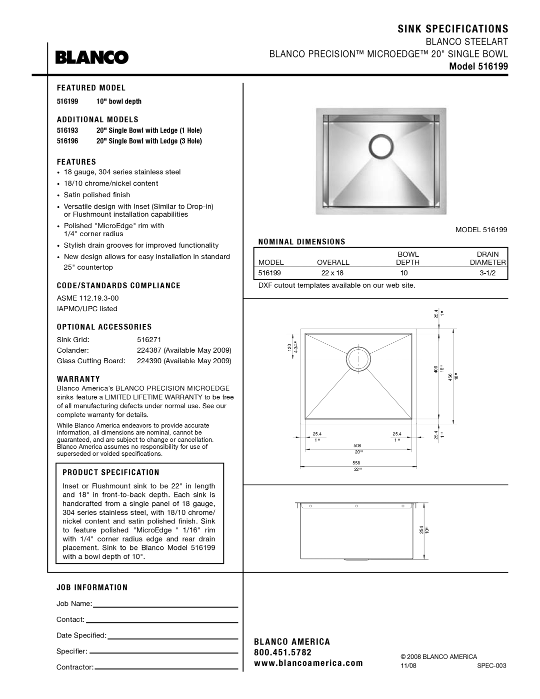 Blanco 516199 warranty Sink Specifications, Model 