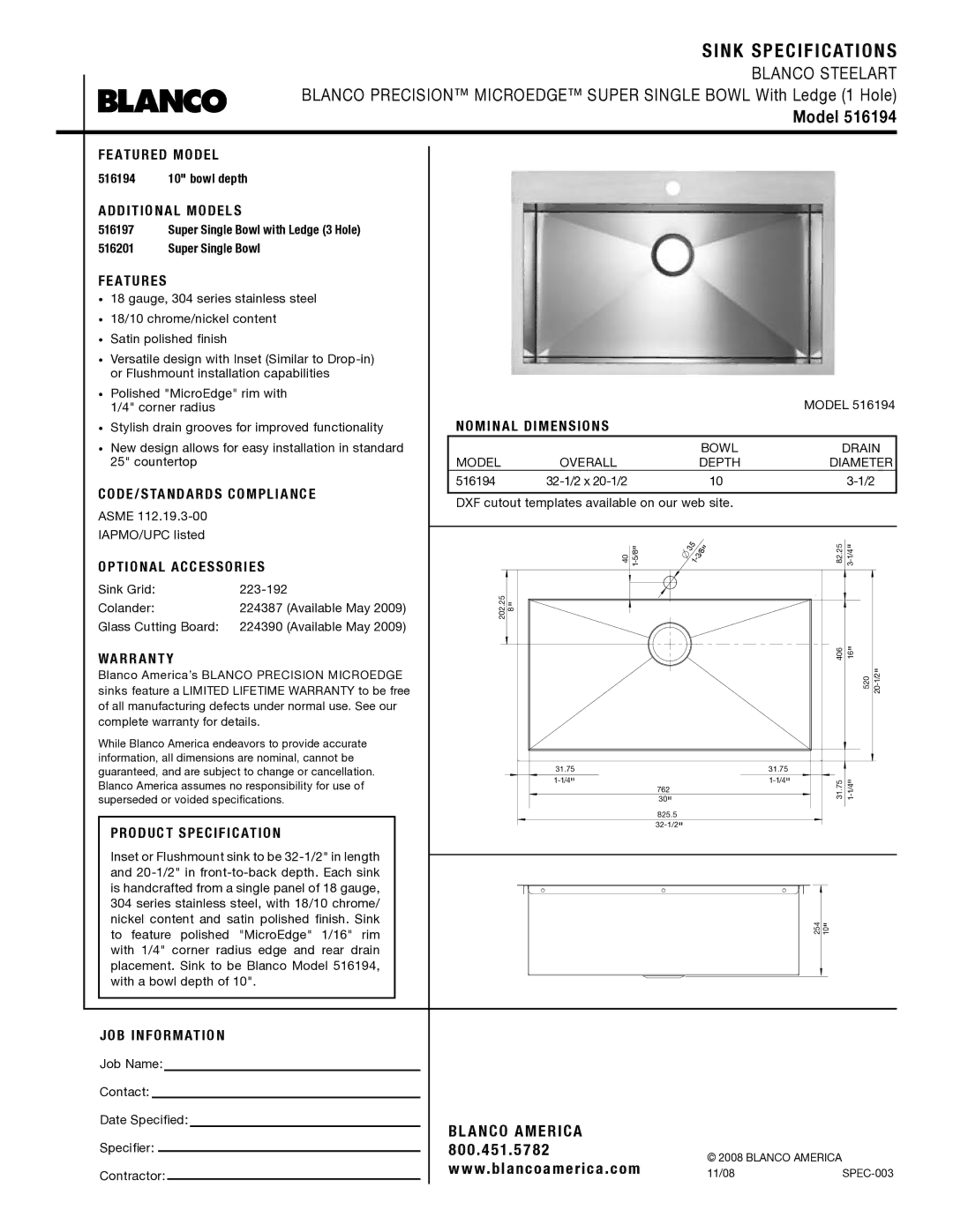 Blanco 516197, 516201, 516194 warranty Sink Specifications, Model 