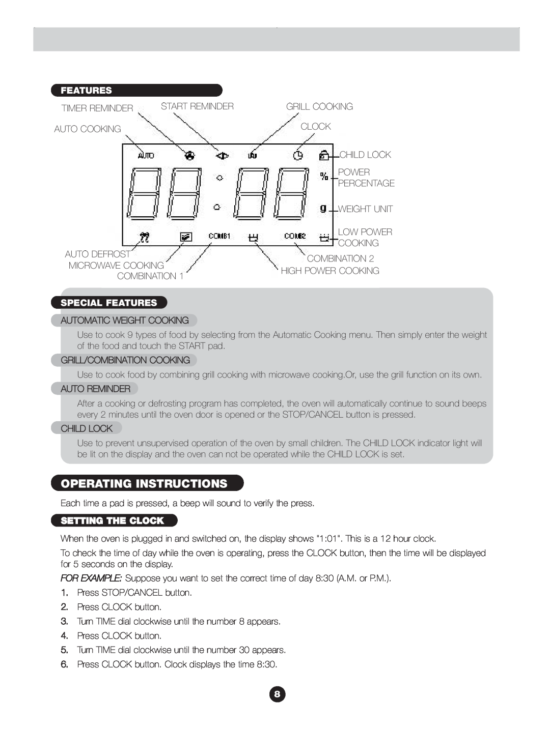 Blanco B 830FX operation manual Operating Instructions, Special Features, Setting The Clock 
