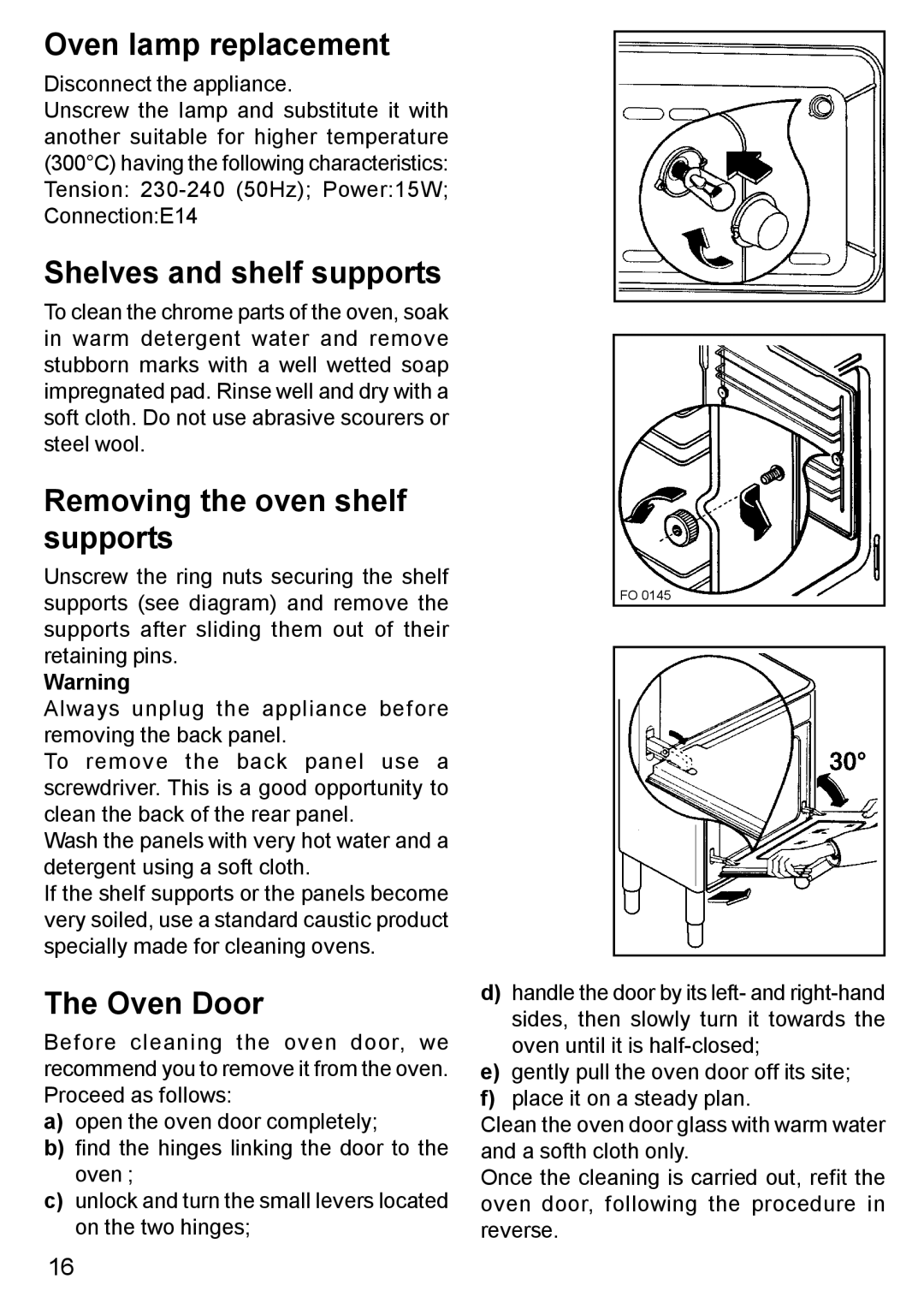 Blanco BC 75 X manual Oven lamp replacement, Shelves and shelf supports, Removing the oven shelf supports, Oven Door 