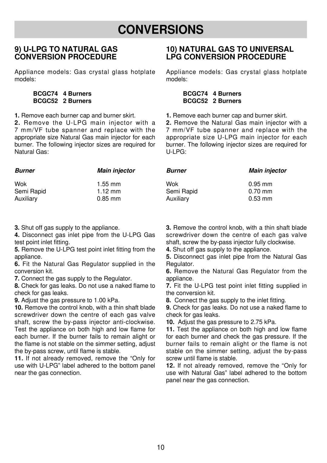 Blanco BCGC74 - BCGC52 warranty Conversions, LPG to Natural GAS Conversion Procedure, Burner Main injector 