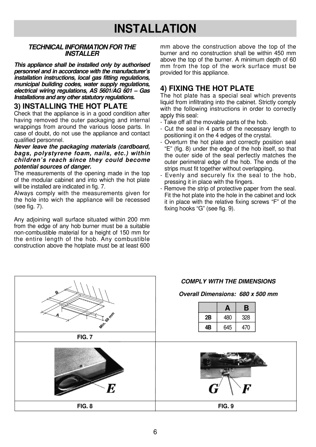 Blanco BCGC74 - BCGC52 warranty Installation, Installing the HOT Plate, Fixing the HOT Plate, Comply with the Dimensions 