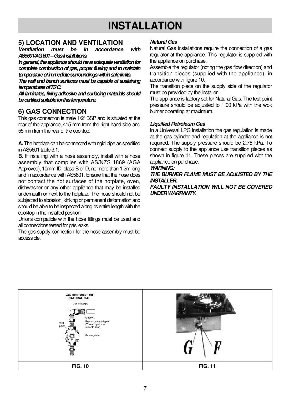 Blanco BCGC74 - BCGC52 warranty Location and Ventilation, GAS Connection, Natural Gas, Liquified Petroleum Gas 