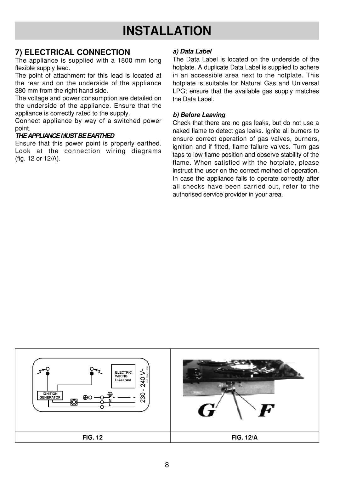 Blanco BCGC74 - BCGC52 warranty Electrical Connection, Theappliancemustbeearthed, Data Label, Before Leaving 