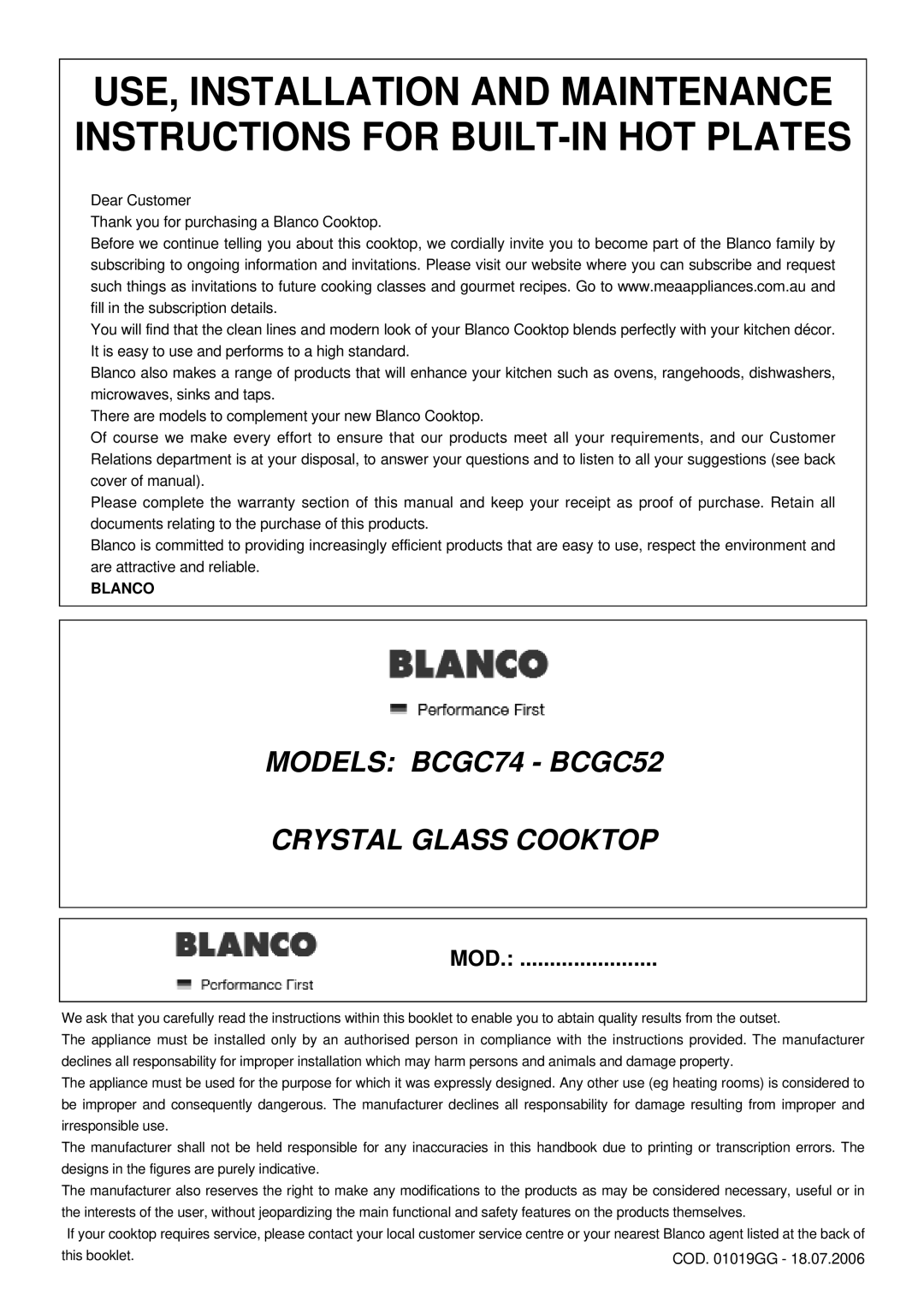 Blanco warranty MODELS BCGC74 - BCGC52 CRYSTAL GLASS COOKTOP, Blanco 