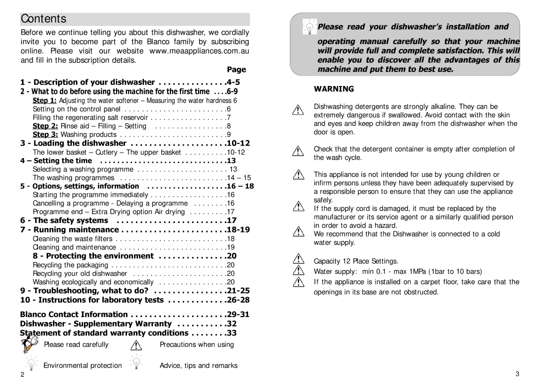 Blanco BFDW8 manual Contents 