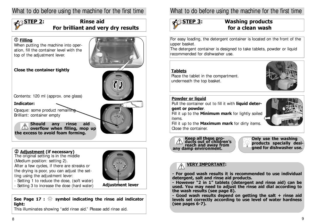 Blanco BFDW8 manual ➀ Filling, Close the container tightly, Indicator, Adjustment lever, Tablets, Powder or liquid 