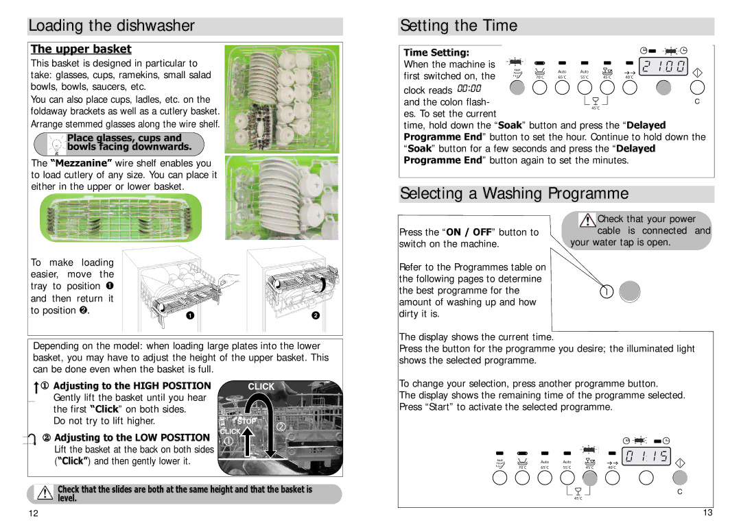 Blanco BFDW8 manual Selecting a Washing Programme, Upper basket, Place glasses, cups and bowls facing downwards 