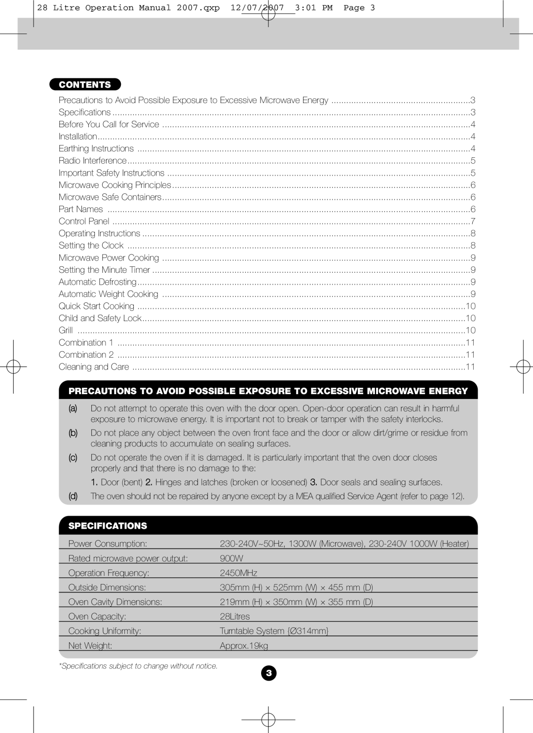 Blanco BMO280X operation manual Contents, Specifications 