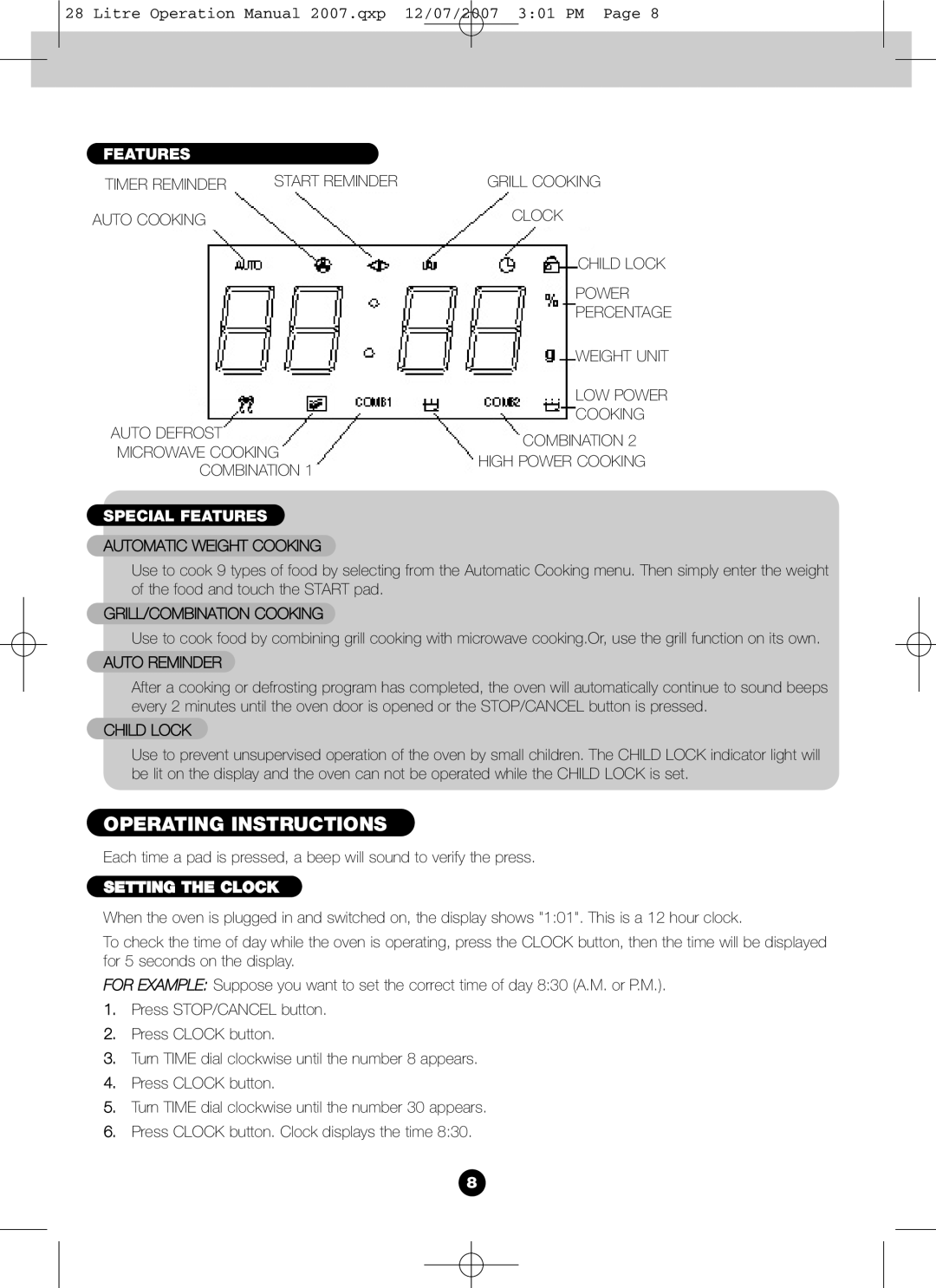 Blanco BMO280X operation manual Special Features, Setting the Clock 