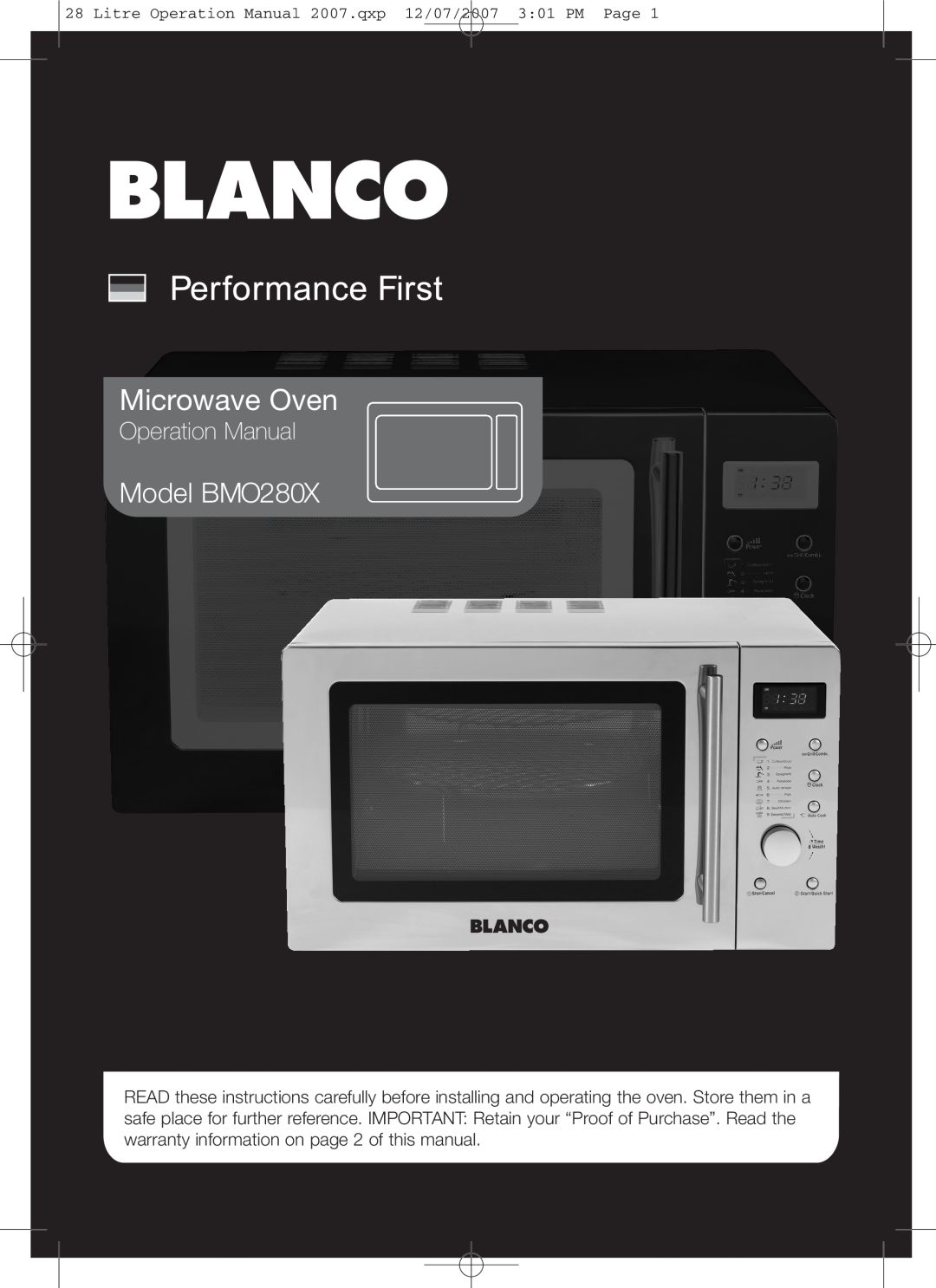 Blanco operation manual Microwave Oven, Model BMO280X 