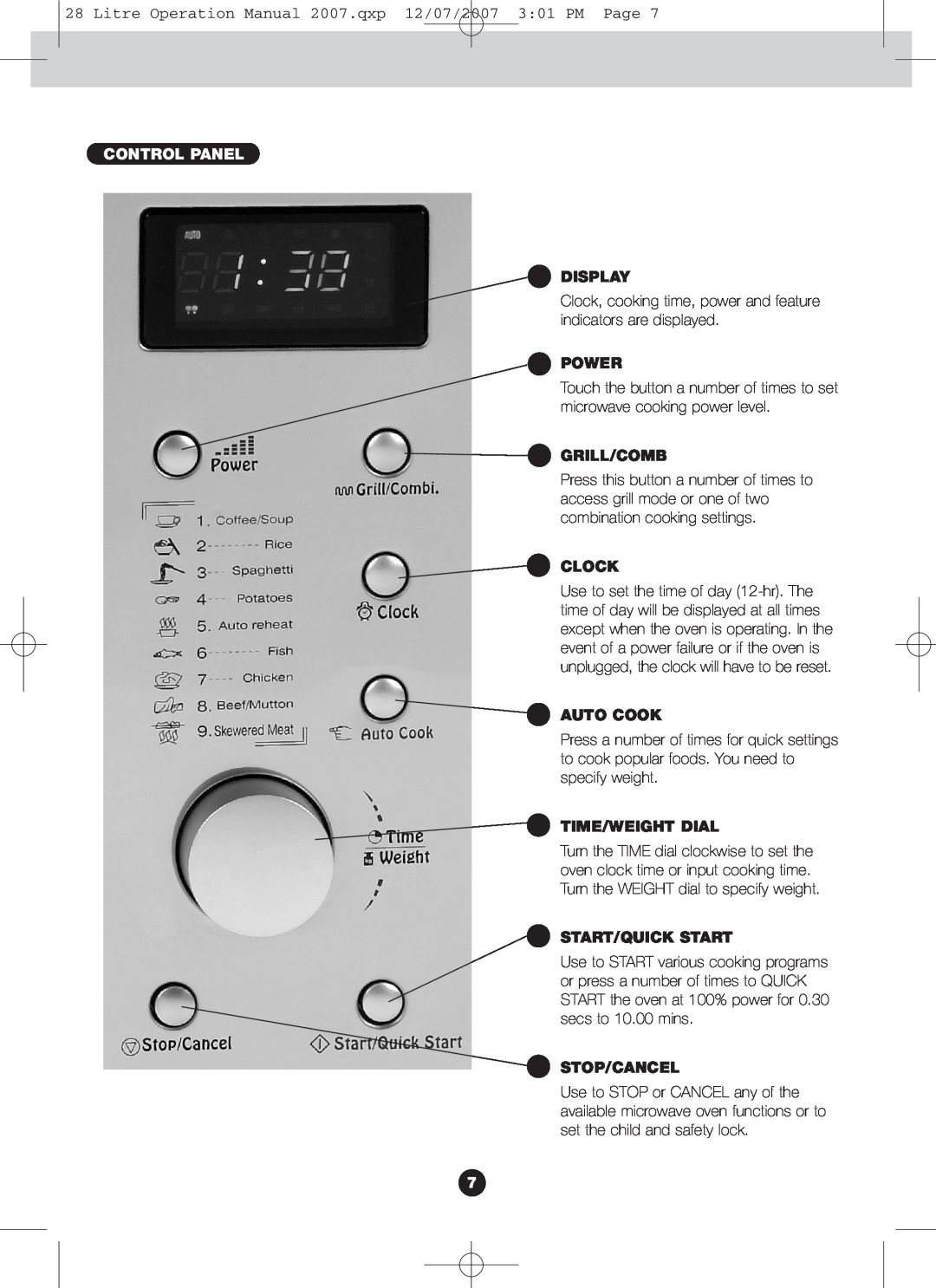 Blanco BMO280X Control Panel, Display, Power, Grill/Comb, Clock, Auto Cook, Time/Weight Dial, Start/Quick Start 