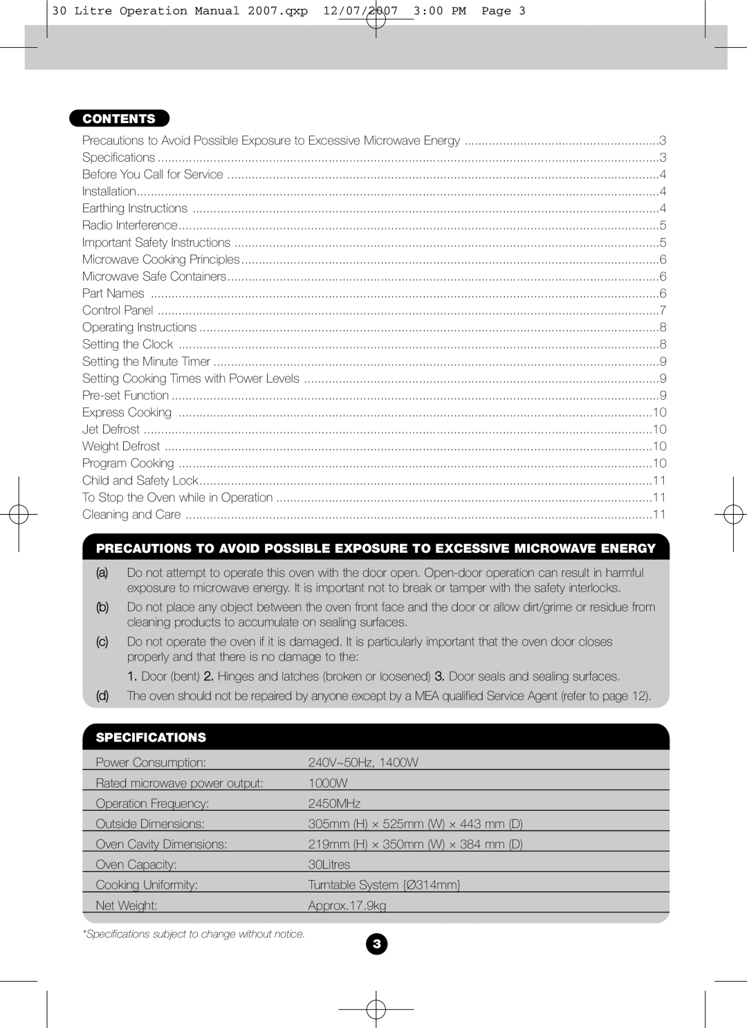 Blanco BMO300X operation manual Contents, Specifications 