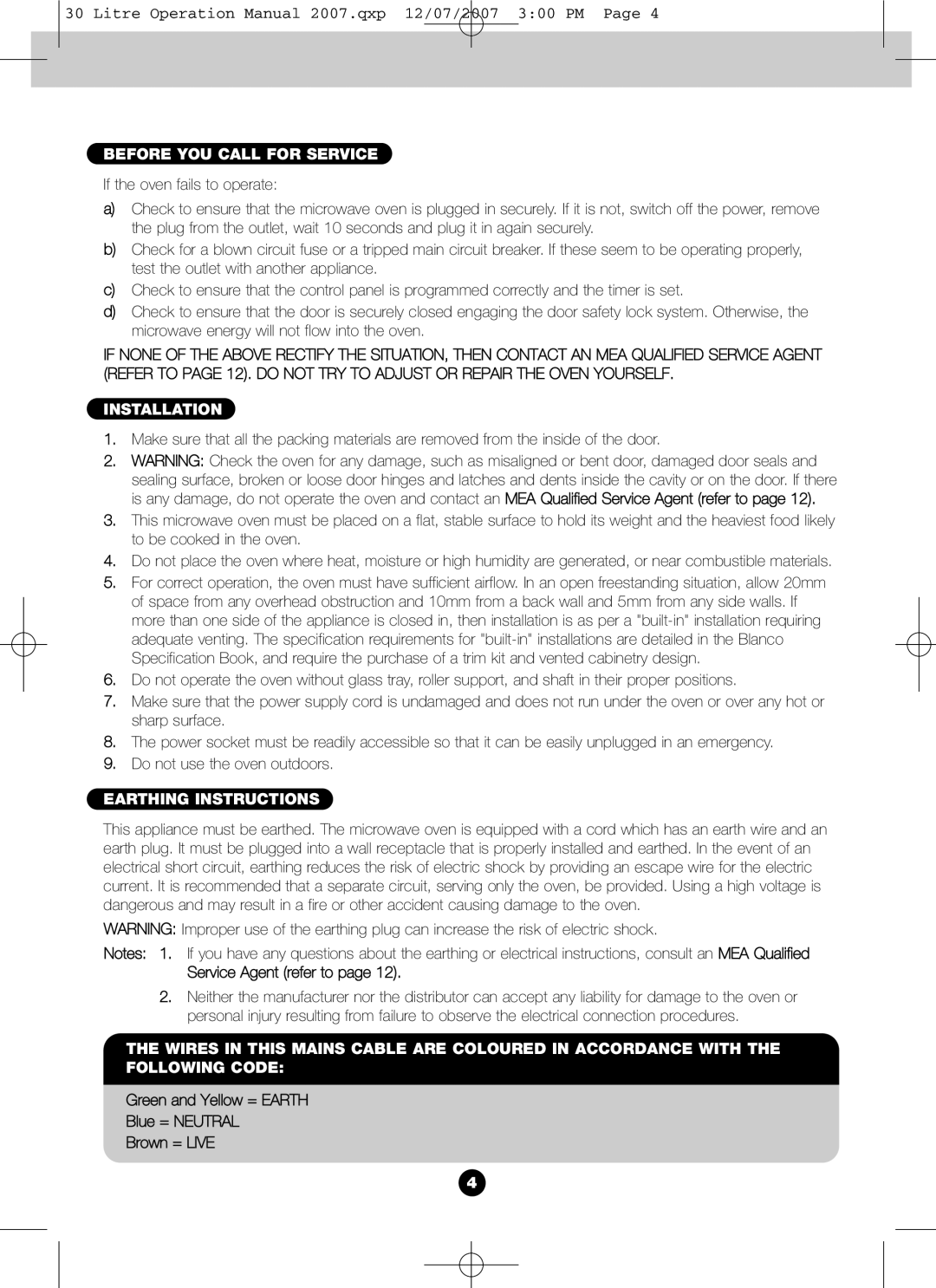 Blanco BMO300X operation manual Before YOU Call for Service, Installation, Earthing Instructions 