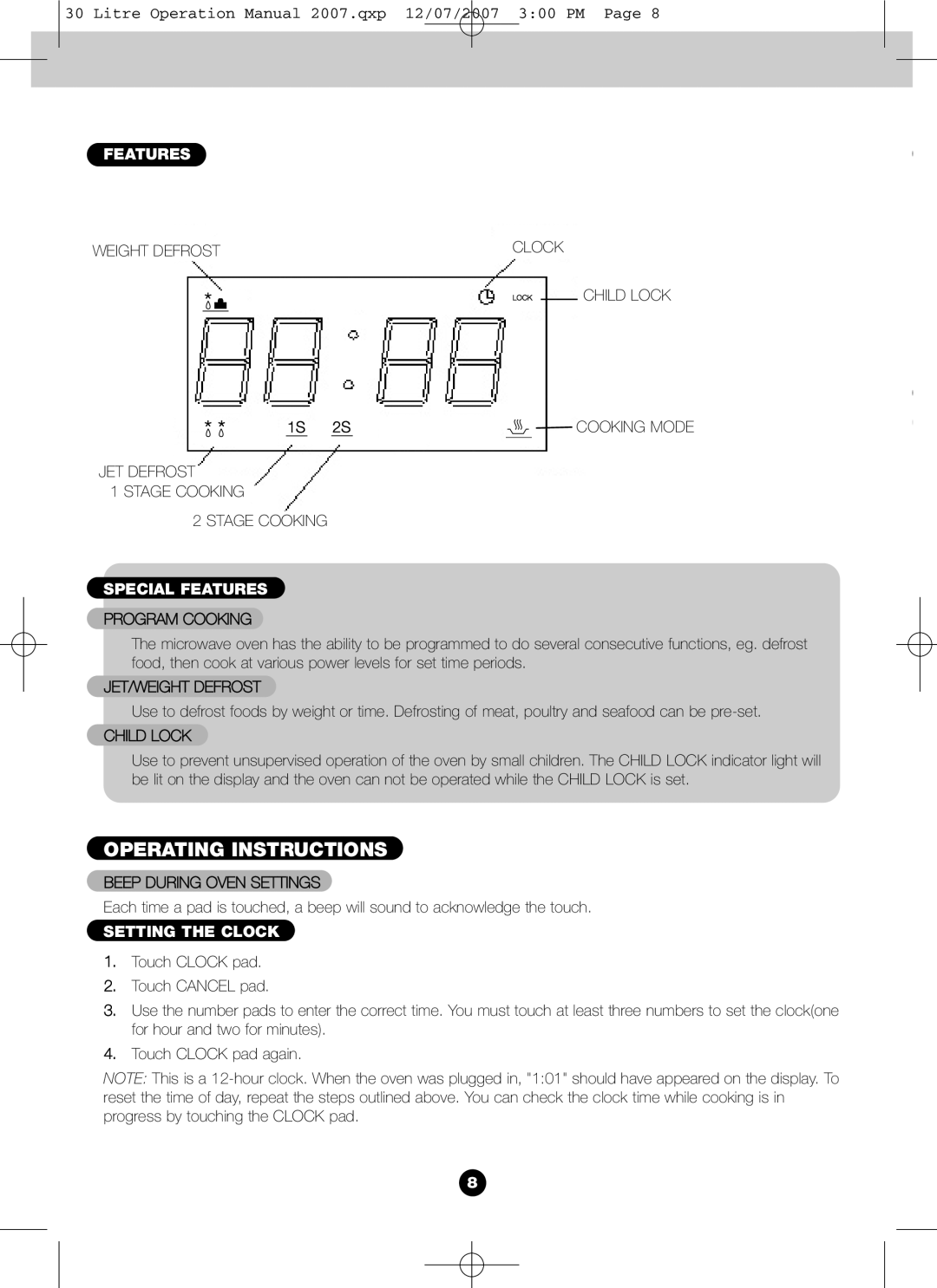 Blanco BMO300X operation manual Special Features, Setting the Clock 