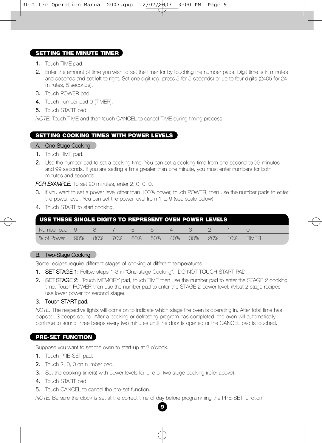 Blanco BMO300X operation manual Setting the Minute Timer, Setting Cooking Times with Power Levels, PRE-SET Function 