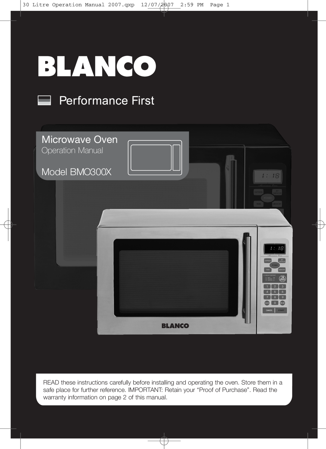 Blanco operation manual Microwave Oven, Model BMO300X 