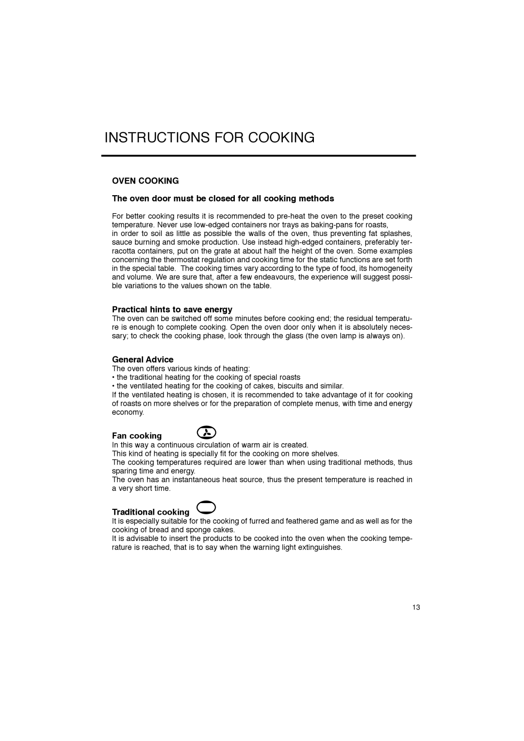 Blanco BOSE45X manual Instructions for Cooking, Oven Cooking 