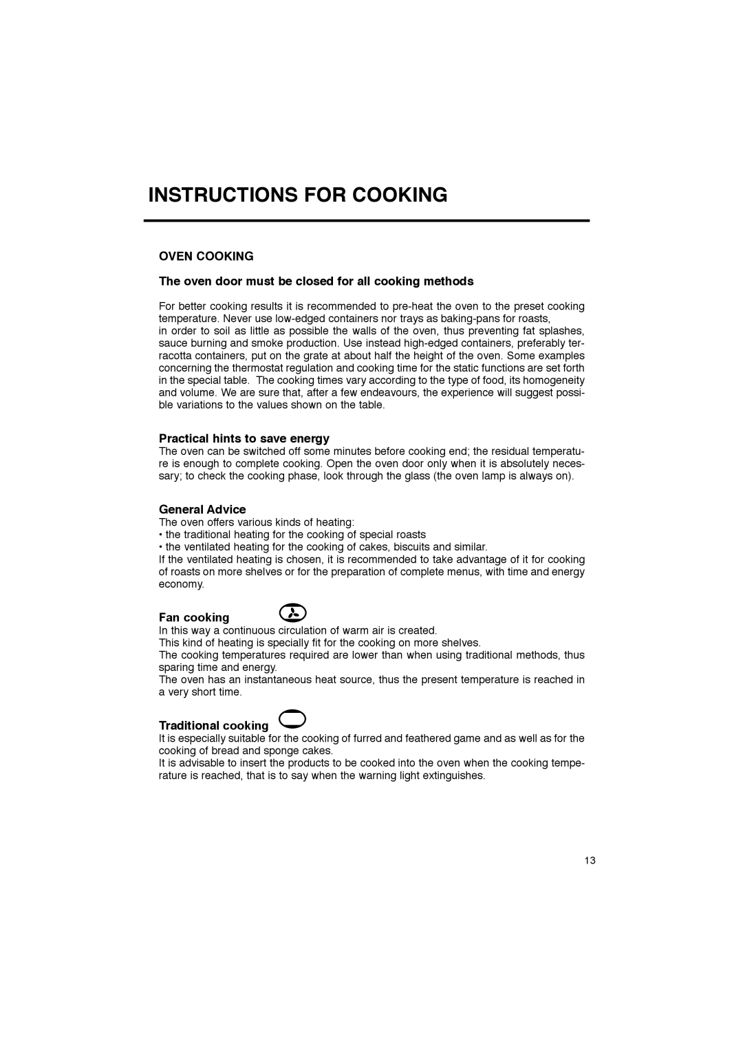 Blanco BOSE45X Instructions For Cooking, OVEN COOKING The oven door must be closed for all cooking methods, General Advice 