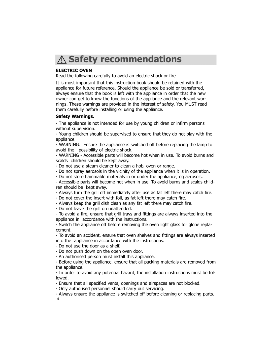 Blanco BOSE45X manual Safety recommendations, Electric Oven, Safety Warnings 