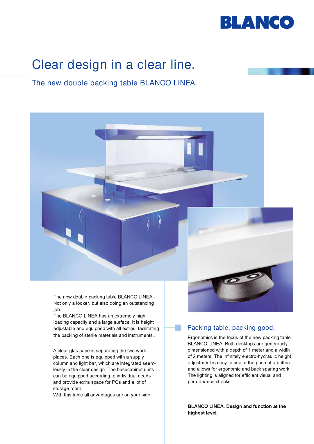 Blanco M1011-06 manual Packing table, packing good, Vorragenden JobLINEA. r ist extrem belastbar, groß, Auf seiner Seite 